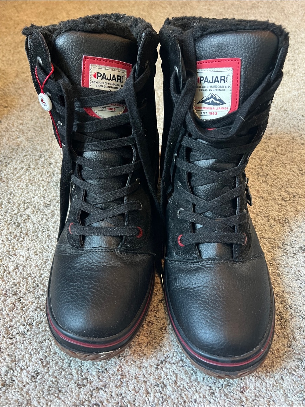 Pajar Men’s Black Leather Lace-Up Winter Boots with Red Accents